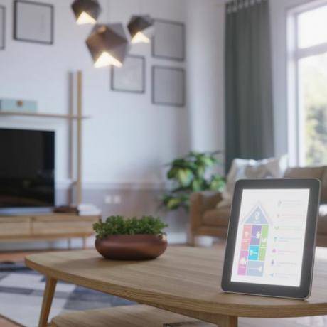 intelligens otthon vezérlés táblagéppel skandináv stílusú nappali belső 3D renderben