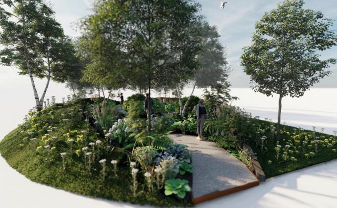 rhs-erdei fürdőkert, rhs-i kert, tervezte: Dave Green, Rhs Hampton Court Palace Garden Festival 2022