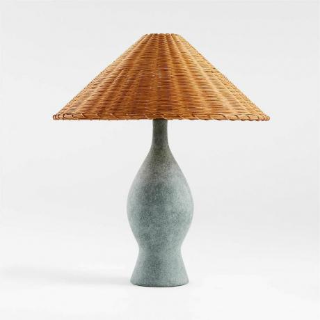 Courbe zöld kerámia asztali lámpa rattan ernyővel, Athena Calderone