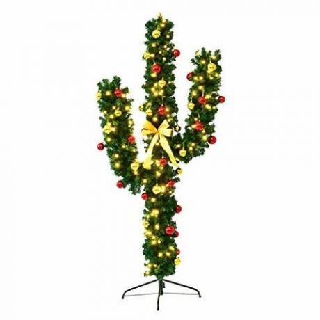 Goplus előre megvilágított mesterséges kaktusz karácsonyfa LED-es lámpákkal és golyó díszekkel