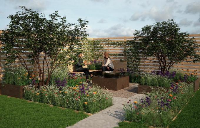 a wfh ebédszünet kertje, kezdő kert, tervezte: jude yeo, imogen perreau callf és Emily Grayshaw, rhs hampton Court palota kerti fesztiválja 2022