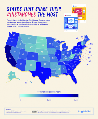 az Egyesült Államok térképe az Instagram szokások alapján