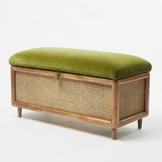 Loha Green Velvet & Rattan Ottoman