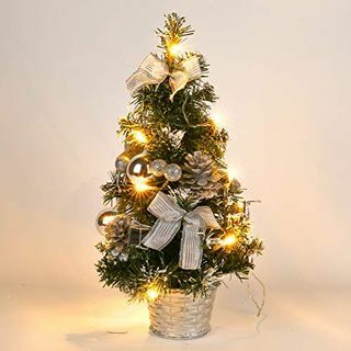 Mrinb kis karácsonyfa fényekkel, mini asztali díszfa az otthoni irodai bevásárlóbárhoz (ezüst)