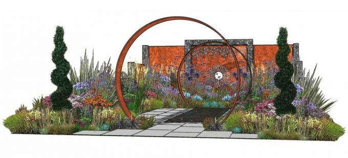 a napfényes kert, látványkert, charlie bloom és simon webster tervezte, Rhs Hampton Court palota kerti fesztiválja 2022